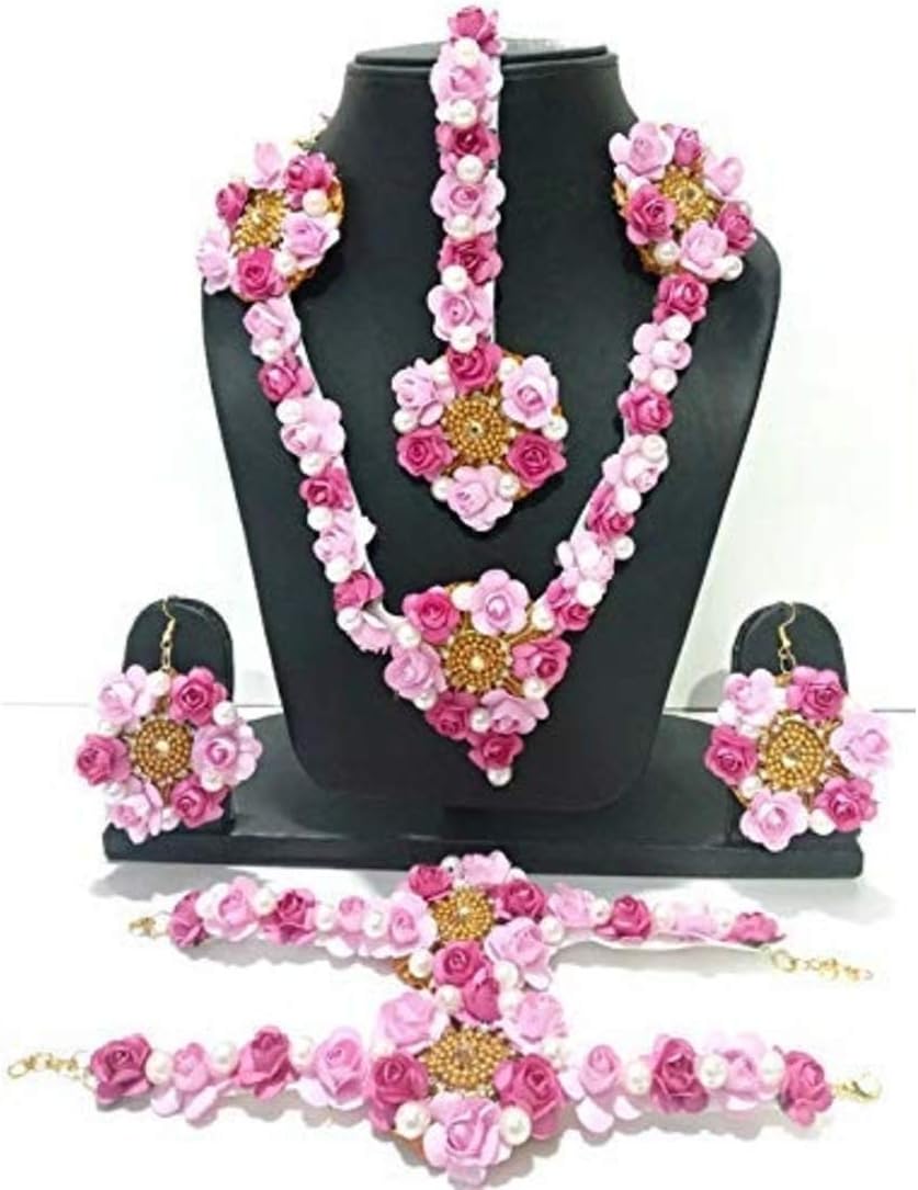Shivi Jewels Floret Jewellery Floral Gota Patti Flower Women's Set with 1 Necklaces, 2 Earrings, 1 Maang Tika, 2 Bracelets (Pink, 6 Items)