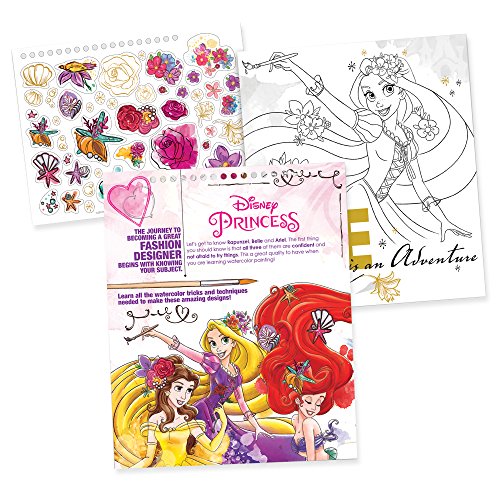 Make It Real – Disney Princess Fashion Watercolor Sketchbook. Disney Princesses Water Coloring Book for Girls. Includes Princess Sketch Pages, Paint Brushes, Watercolor Paints, Stencils & Stickers - Thumbnail 4