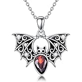 LONAGO Bat necklace 925 Sterling Silver Black Bat with Red Heart Pendant Necklace for Women
