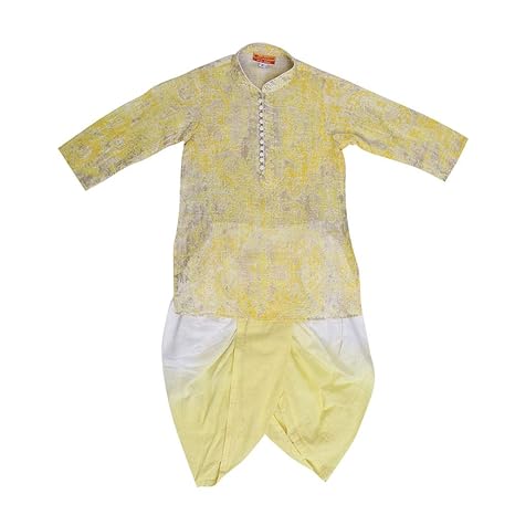 Exclusive from Jaipur By Hopscotch Boys Cotton Frill All Over Printed Top And Pyjama Set in Yellow Color