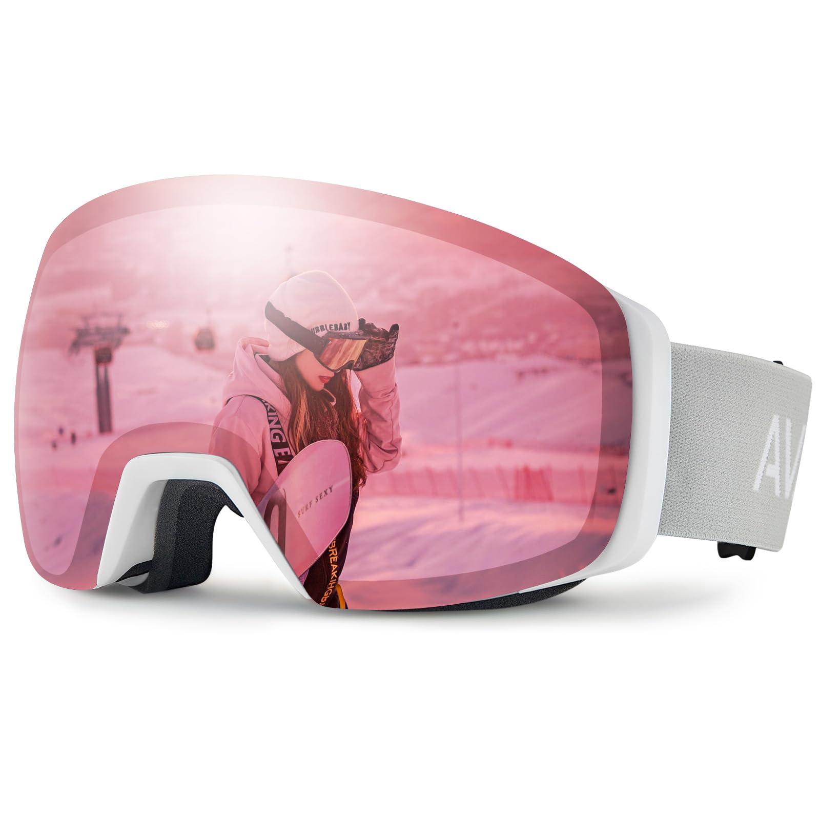 CARFIA OTG Ski Goggles for Womens Girls with Small Face, Pink Magnetic 100% UV Protection with Anti-Fog, Anti-Glare for Outdoor