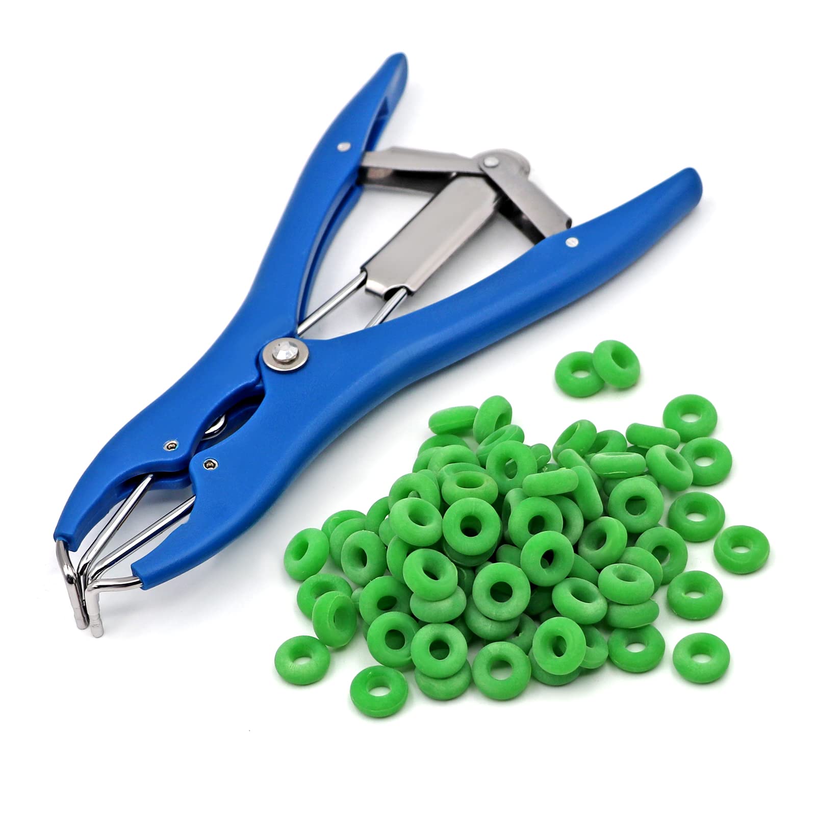 BREUAILY Animal Castration Plier Veterinary Tail Cut Tool, Stainless Steel Expansion Forceps for Cattle Horse Pig Sheep, Blue Metal Plier for Livestock mit 100 Rubber Rings(Green)