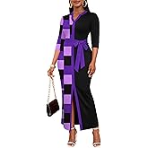 Nmoder Maxi Dress for Women Long Church Cocktail Casual Dresses Colorblock Front Split 3/4 Sleeve V Neck Pencil Dress