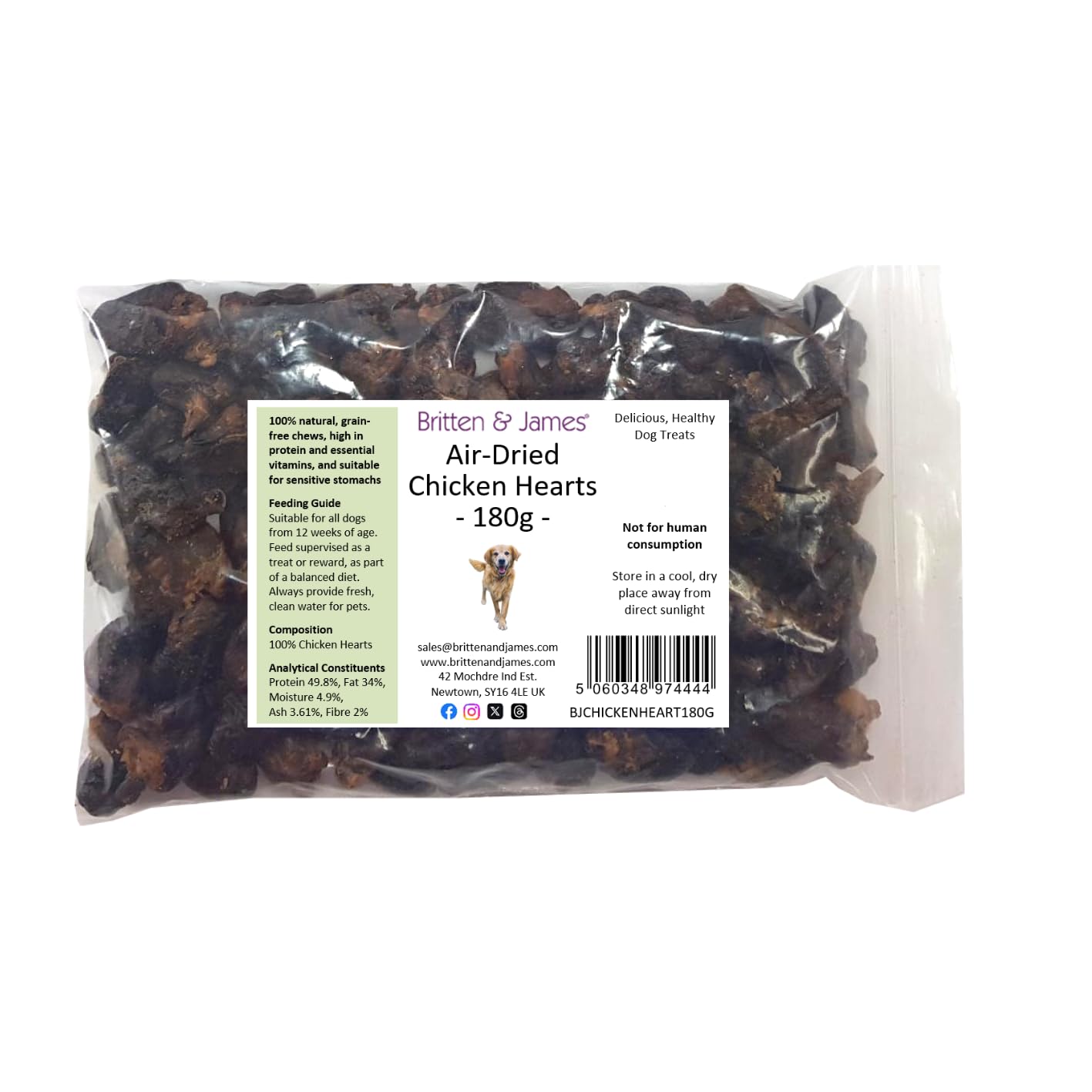 Britten and James Air Dried Chicken Hearts Dog Treat Chew (180g/Approx 100 Hearts). 100% Natural, Grain Free, High in Protein and Essential Vitamins, Hypoallergenic