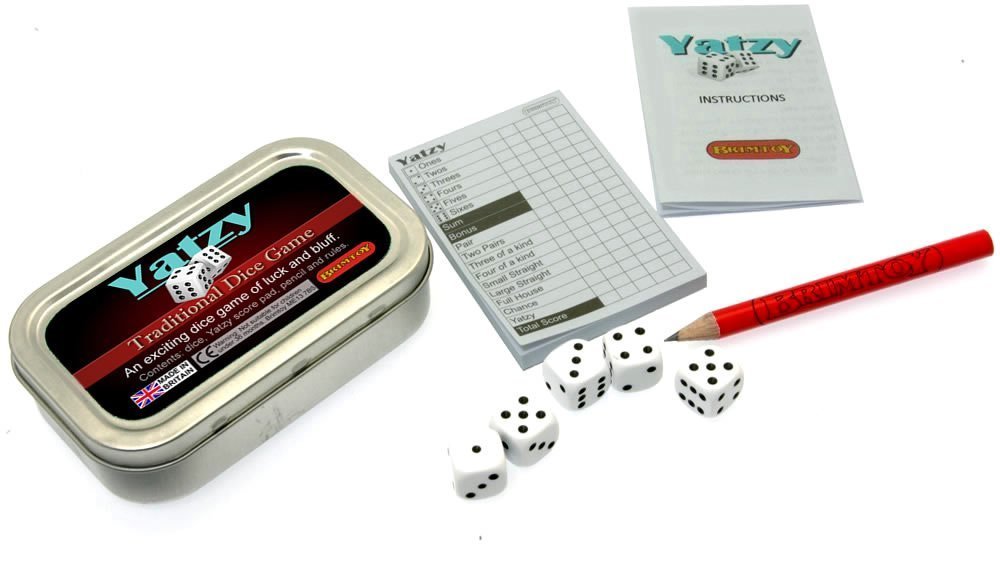 Brimtoy Pocket Yatzy Dice Game - 5 Dice, Pad, Pencil and Instructions in Handy Sized Tin for Easy Travel - Family Game of Luck and Bluff - Unisex