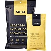 Sima - Bundle - Exfoliating Body Towel Pink + Japanese Exfoliating Face Towel with Hexagon Fibers, Body Scrubber with 2 Sides for Scrubbing & Washing
