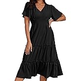 Jayscreate Women's Casual V Neck Boho Summer Tiered Midi Dress Flowy Short Sleeve Long Swing Tie Dress for Women 2025