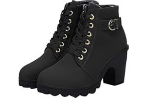 oiangi Boots for Women Chunky Heel Ankle Booties Fashion Round Toe Lace Up Belt Buckle Side Zipper Block High Heel Boots Solid Casual Comfy Ladies Shoes