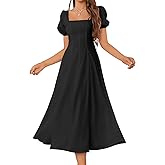 VKIHOC Women 2024 Summer Square Neck Puff Sleeve Smocked Midi Dress Flowy A Line Ruffle Casual Dresses