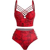DRESSFO Womens Gothic Retro Skull Rose Mushroom Bikini Set | Gothic skull,rose flower,mushroom print, Beach Bikini,Vintage bikini, Retro Tankini,High Waisted Tummy Control Bathing Suit