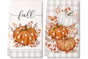 ARKENY Fall Kitchen Towels Set of 2,Orange Pumpkin Grey Buffalo Check Autumn Dish Towels 18x26 Inch Drying Dishcloth,Farmhouse Home Decoration AD118