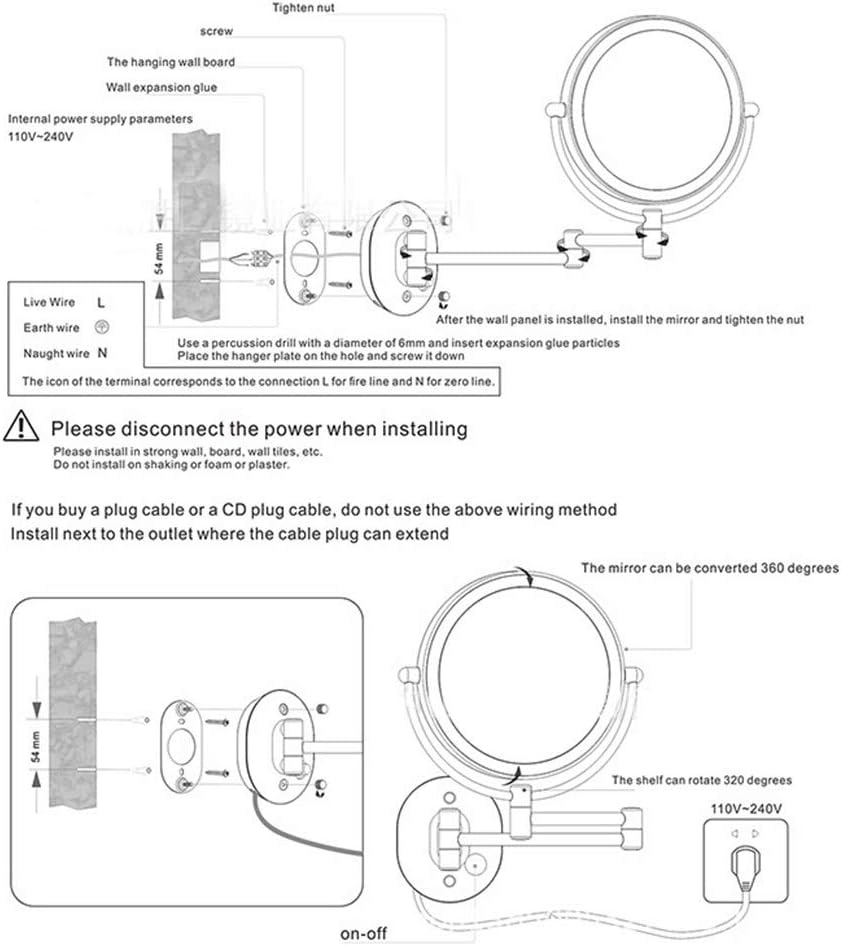 Enchufe EspañolNickel-Plated Brushed Espejo Aumento x10 Control de Luz