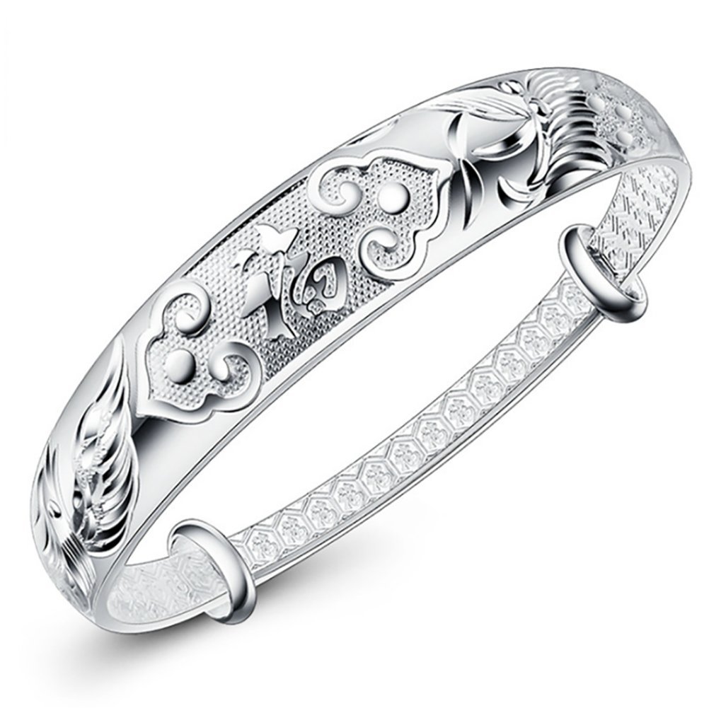 NANHONG 925 Sterling Silver Bracelet-3D Loong and Phoenix Relief and Engraved Chinese Blessing