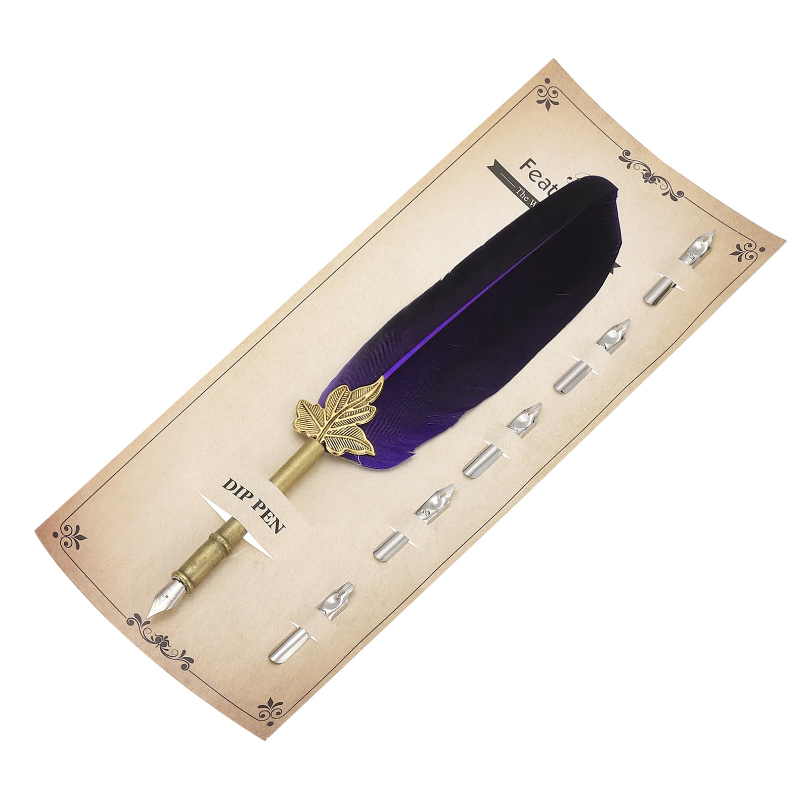 PATIKIL Feather Pen, 9.4 Inch Vintage Quill Pen Feather Dip Pen with 5 Pcs Replacement Nibs for Writing Calligraphy Wedding Signature Guest, Purple