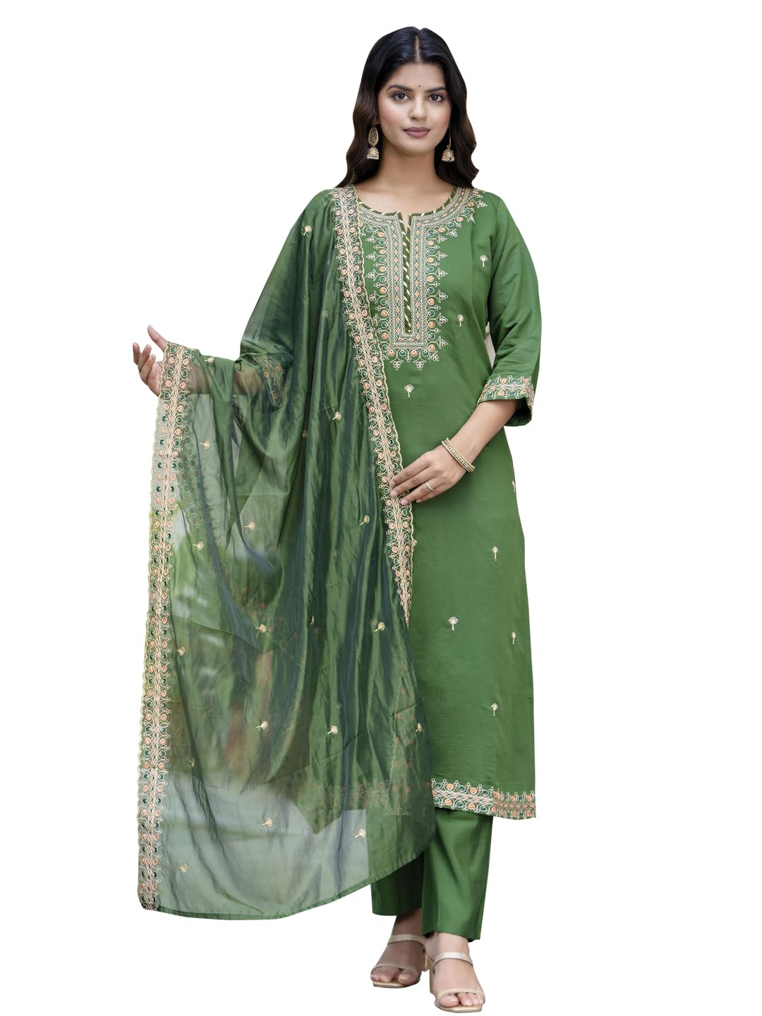 Photo 1 of VredeVogel Women's Silk Blend Embroidered Kurta Pant Set with Organza Dupatta (Green_Medium)