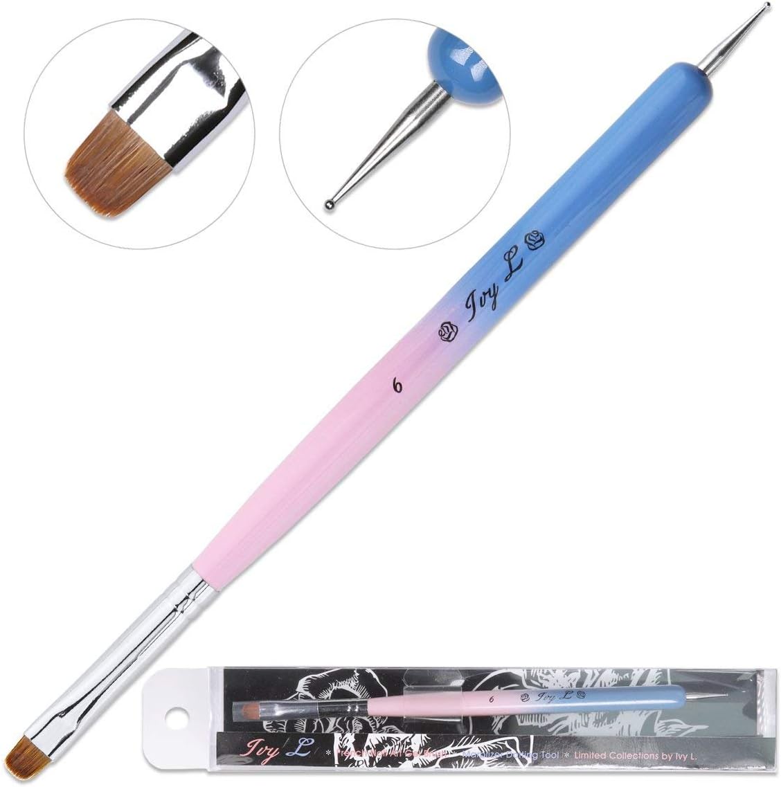 Ivy-L Premium 2 Way French Gel Acrylic Nail Art Kolinsky Brush With Dotting Tool for Professional Manicure Cuticle Clean Up Nail Art Design, Pink Blue Wood Handle (Size 6)