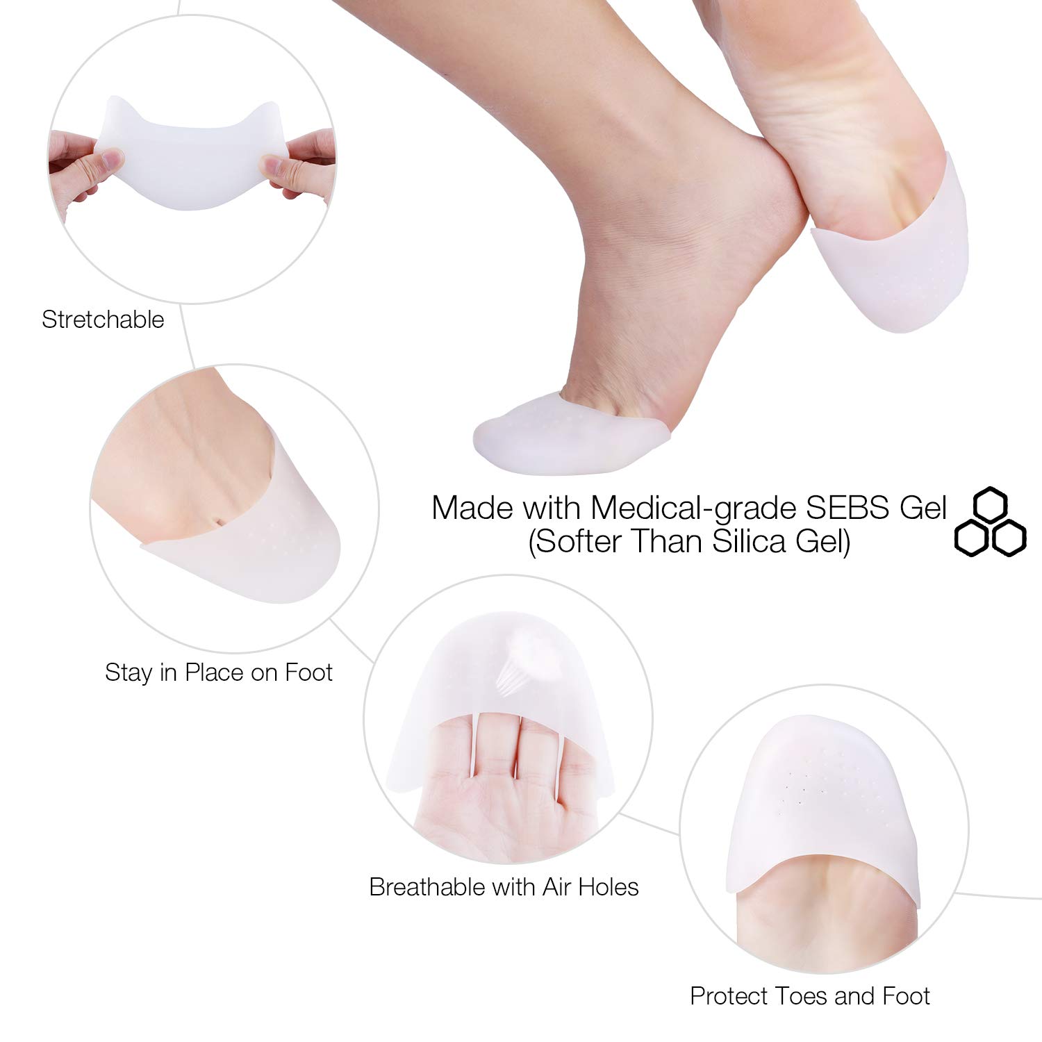 2 Pairs Soft Silicone Gel Toe Protectors Covers Faireach Toe Caps Metatarsal Pads with Forefoot Cushion Ballet Pointe Dance Athlete Shoe Pads 4 PCS