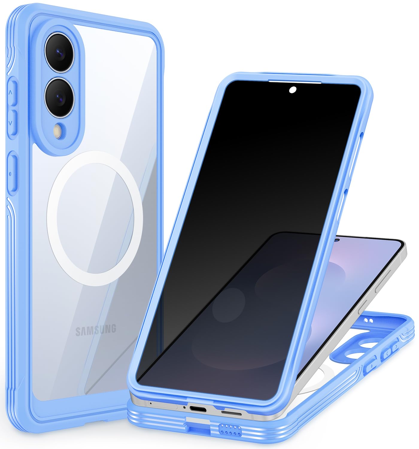 Photo 1 of CENHUFO Magnetic for Samsung Galaxy S25 Edge Case, Full Body Phone Case with Built-in 9H Tempered Glass Privacy Screen Protector and Camera Lens Protector, Shockproof Clear Cover Bumper - Light Blue