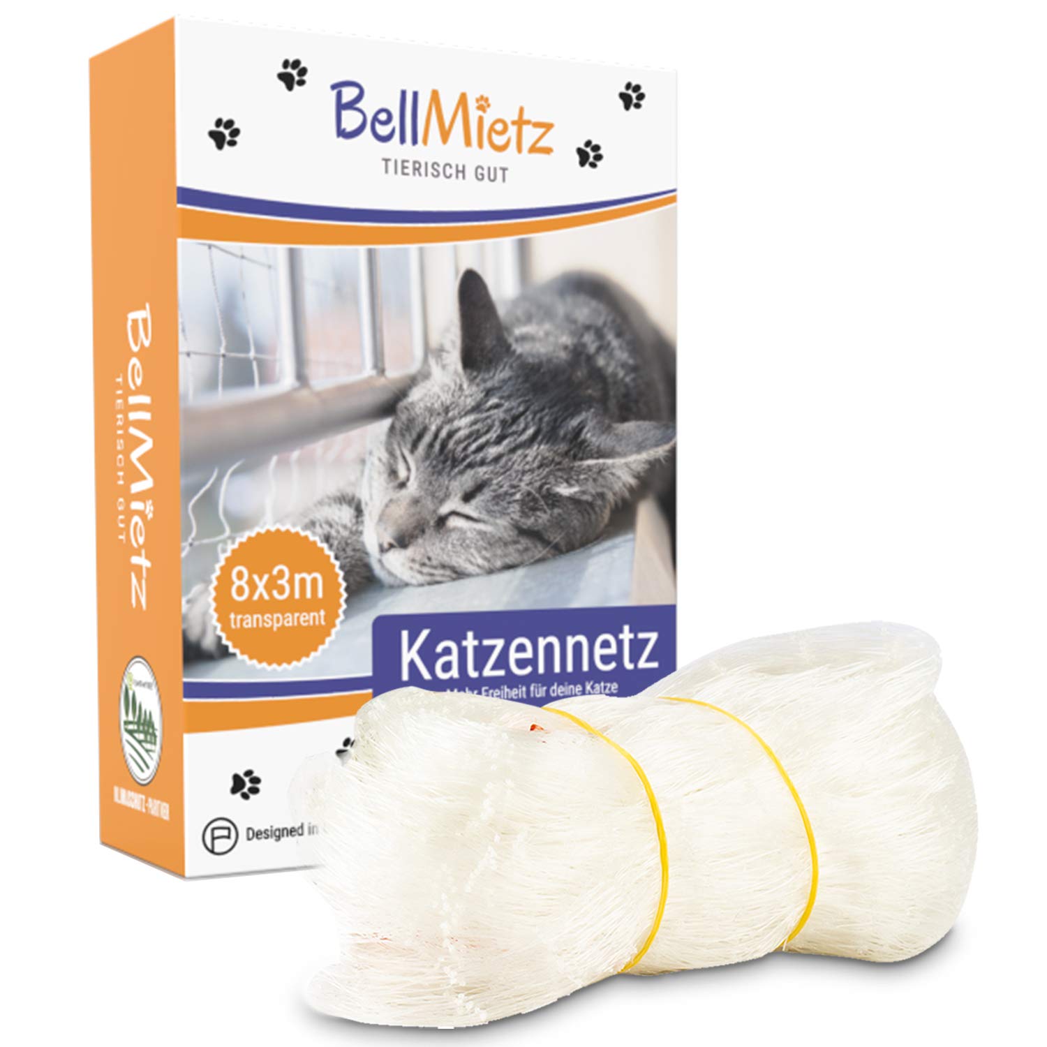 BellMietz® cat net for balcony & window (transparent) | Extra large 8x3m cat protection net without drilling | Balcony protection Incl. 25m fastening rope | Balcony net especially transparent & safe