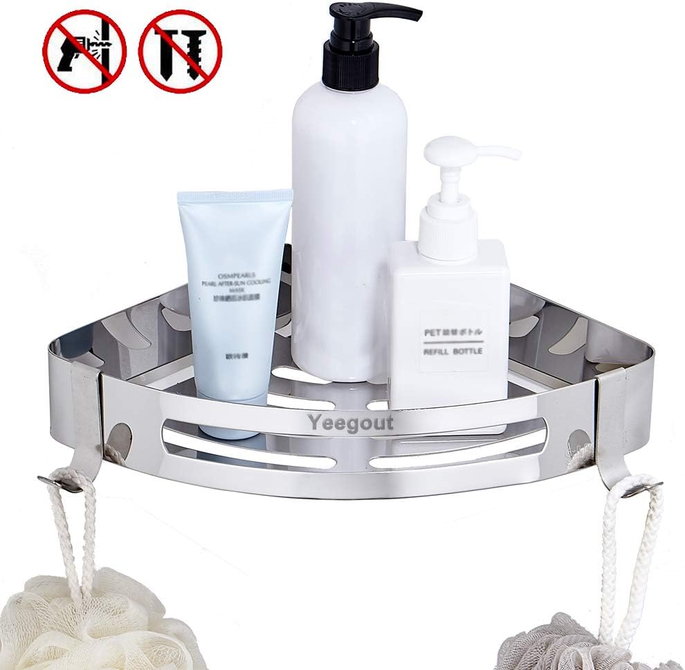 Yeegout Adhesive Bathroom Corner Shelf with 2 Removable Hooks, No