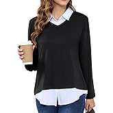 MISS FORTUNE Women's V-Neck Fall Winter Sweater Collar 2 in 1 Casual Long Sleeve Patchwork Office Pullover Shirts 2025