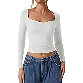 QINSEN Womens Slimming Fit Sweetheart Neck Long Sleeve Basic Crop Tops Stretch Going Out Tee Shirt