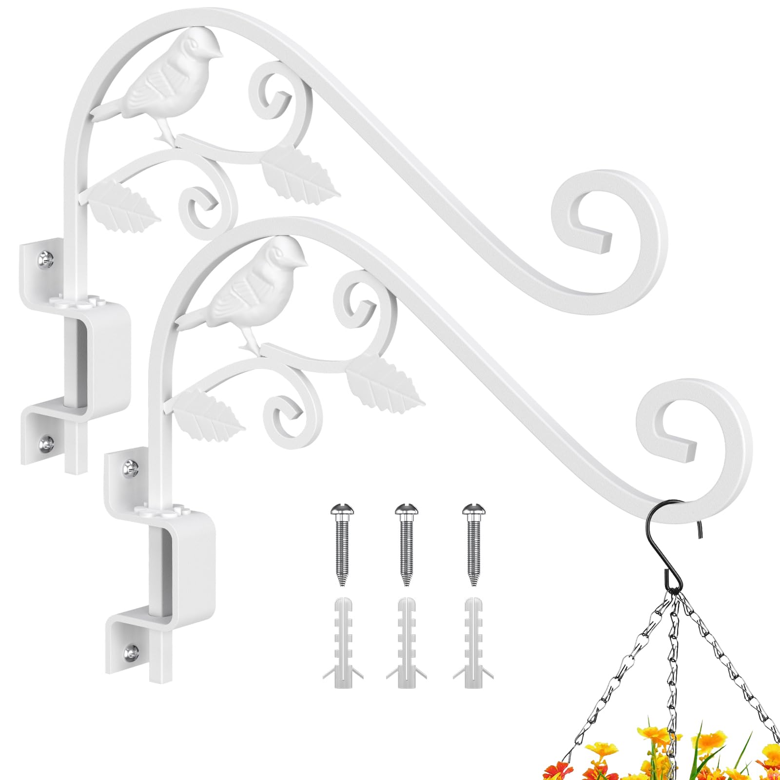 Photo 1 of Outdoor Plant Hangers, 2 Pack 15.15 inch Swivel Plant Hooks for Wall Sturdy Wrought Iron Plant Hangers Outdoor, Hanging Plant Bracket Heavy Duty for Bird Feeders, Planters, Lanterns, Wind Chime,White