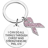 Breast Cancer Awareness Keychain with Pink Ribbon & Philippians 4:13 Scripture | Christian Faith Jewelry Gift for Women, Survivors, Fighters, Supporters | Inspirational Strength Key Chain