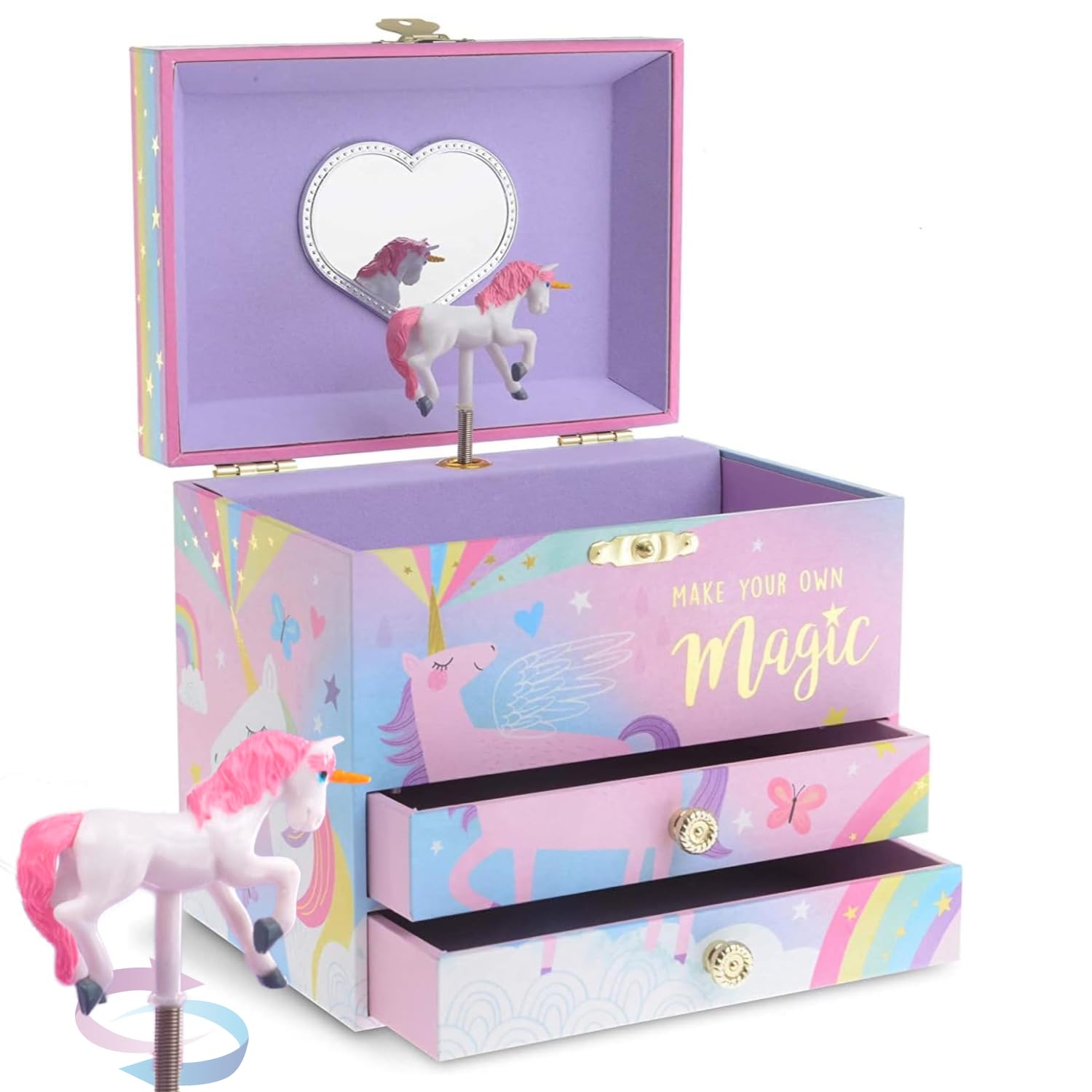 Jewelkeeper Musical Jewellery Box with 2 Pull-out Drawers, Glitter Rainbow and Stars Unicorn Design, Somewhere Beautiful Dreamer Tune