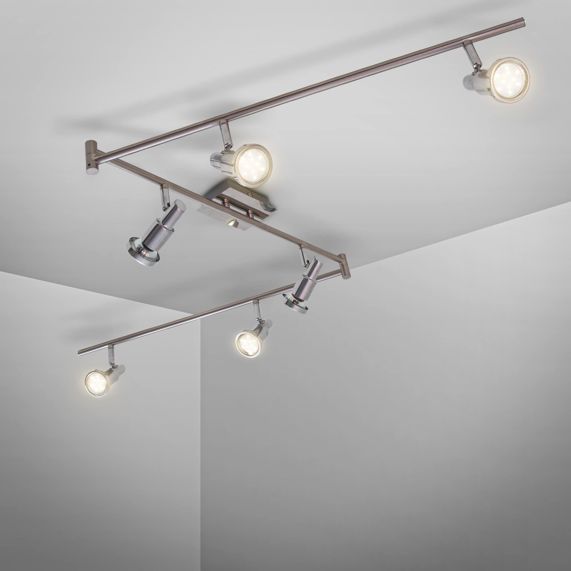 B.K.Licht LED Ceiling Light, 70,8 in, rotatable Spots, 5W GU10 Bulbs Included, 400Lm Each, Warm White 3000K, Spotlight bar for Kitchen, Living Room & Bedroom, Metal, matt Nickel Design, IP20, 230V
