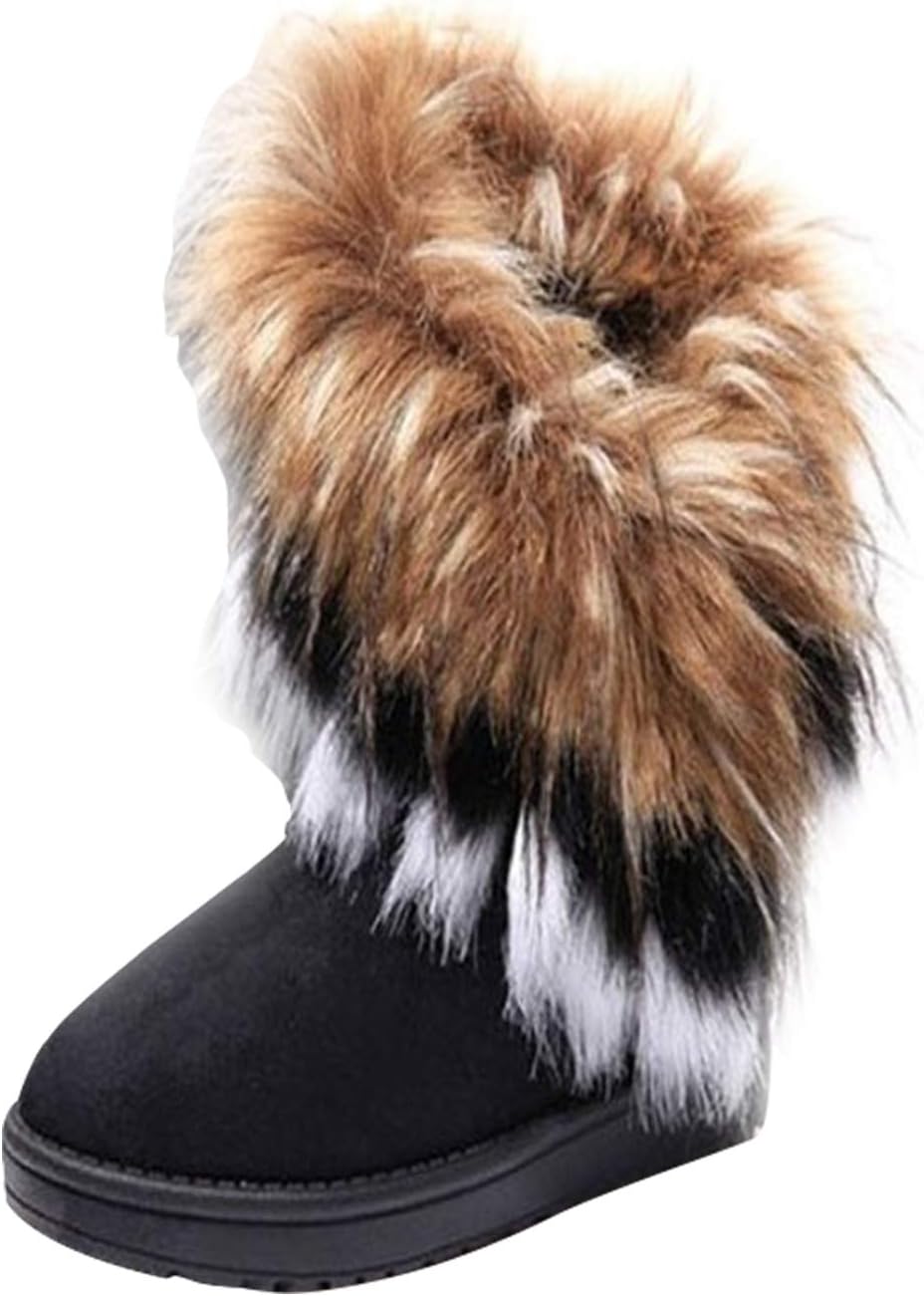 Frestepvie Women's Faux Fur Suede Mid Calf Boots Winter Warm Shoes Comfort Snow Boots Fur Boot