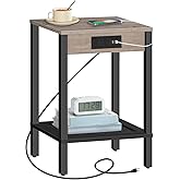 HOOBRO Side Table with Charging Station, End Table with USB Ports and Outlet, Nightstand with Storage Shelf, Faux Rattan Decoration, for Living Room, Bedroom, Greige and Black BG91UBZ01