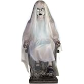 Haunted Hill Farm 4.0-Ft. Sitting Tombstone Girl Animatronic by Tekky | 4-Ft Motion-Activated Sitting Tombstone Girl, Talking, Plug-In or Battery Operated, Indoor or Outdoor Creepy Decoration