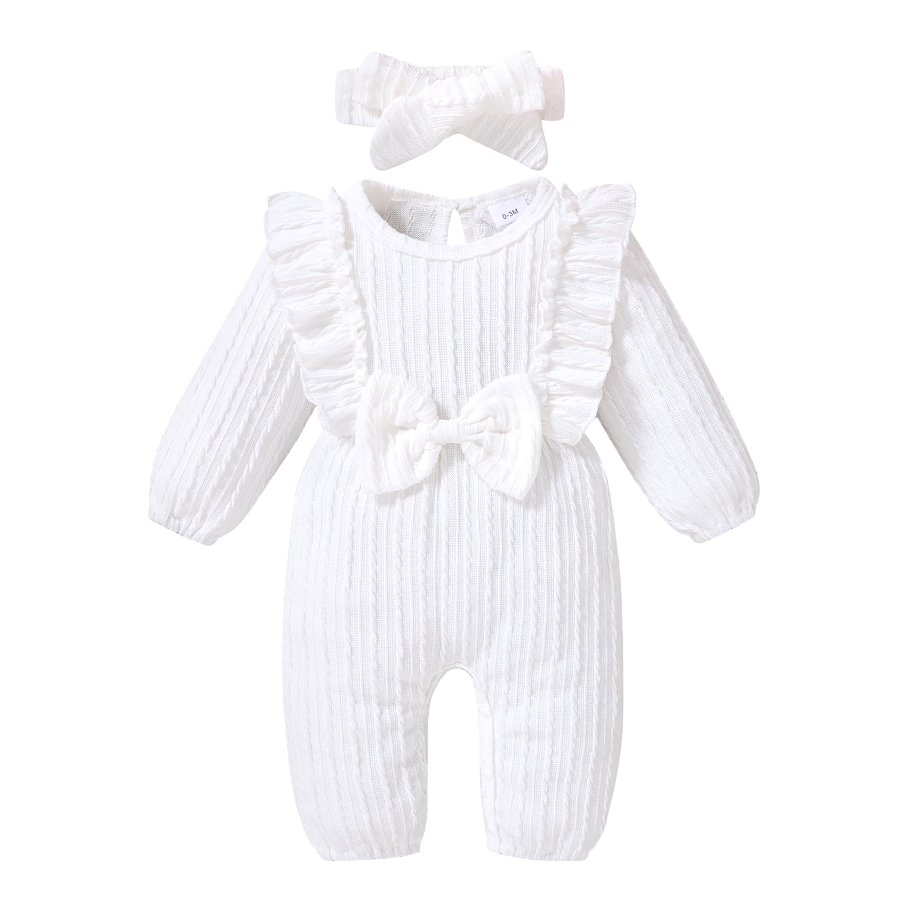 Photo 1 of Happy Town Baby Girl Romper Infant Fall Winter Clothes Ruffle Sweater Long Sleeve Bodysuit Jumpsuit and Headband (Baby Girl White Romper, 9-12 Months)