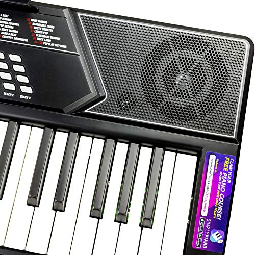 RockJam Soporte para piano con teclado de 61 teclas con kit de inflexión de tono, banco para piano, auriculares, aplicación Simply Piano y pegatinas Keynote