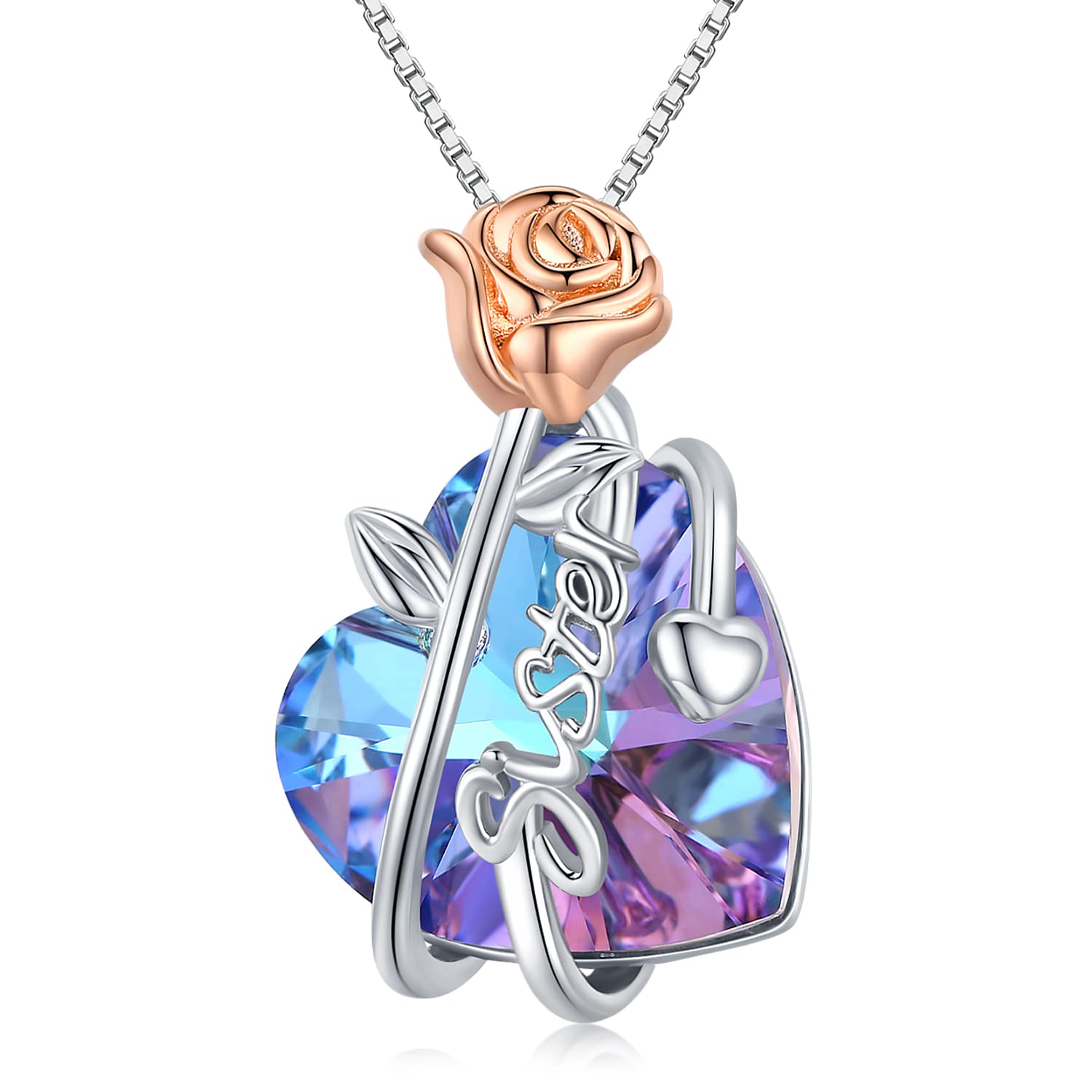 TwoAnts Sister Necklace Sterling Silver Sister Pendant Necklace Rose Flower Love Heart Crystal Necklace Soul Sister Jewellery Birthday Gifts for Women