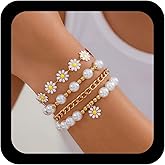Andelaisi Boho Layered Daisy Bracelet Vintage Daisy Flower Bracelet Gold Pearl Chain Bracelets Multi-layer Curb Link Chain Bracelets Jewelry Jewelry for Women