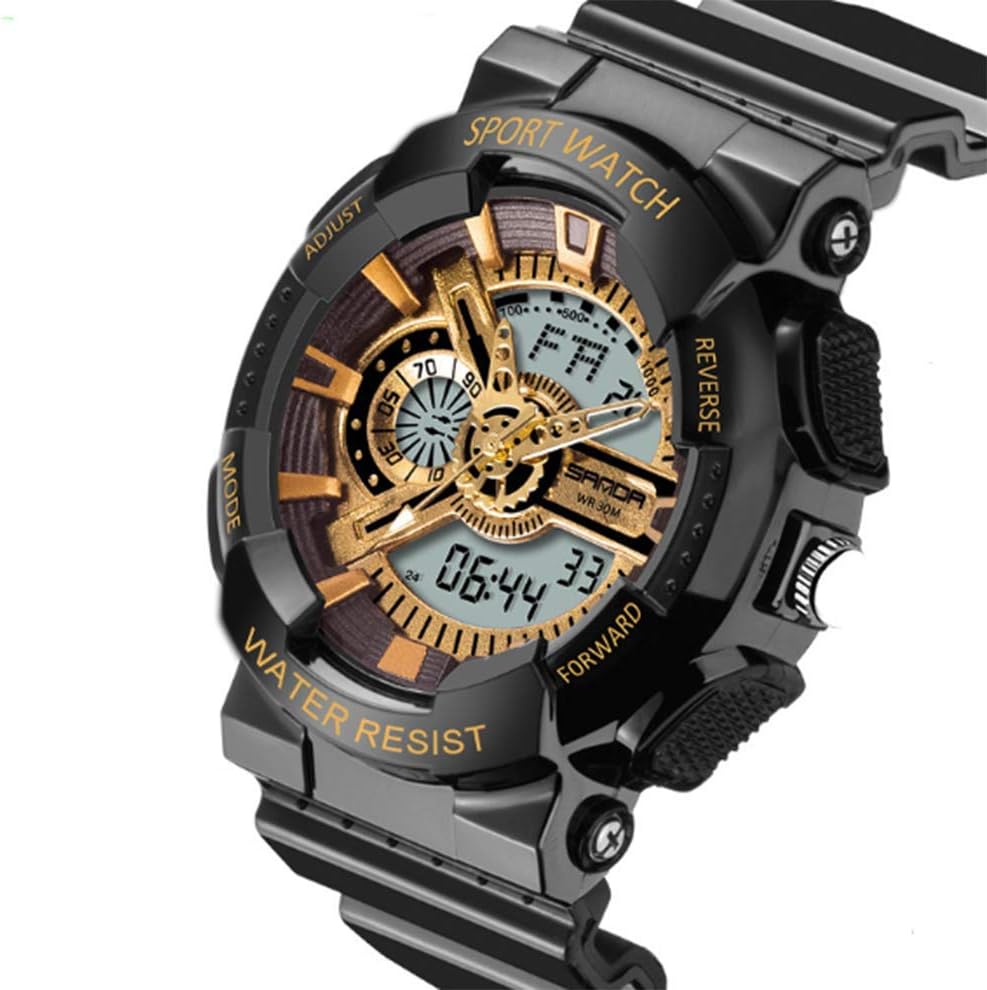 Waterproof Watch for Boys With Alarm Digital Analog Chronograph Electronic Sport Wrist Watch Black+Gold