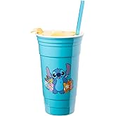Silver Buffalo Lilo and Stitch Flower Badges Plastic Tumbler with Lid and Straw, 32 Ounces