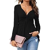 Tankaneo Women V-Neck Front Knotted Blouse Shirt Long Sleeve Elegant Casual T-Shirt Solid Color Pullover Tops