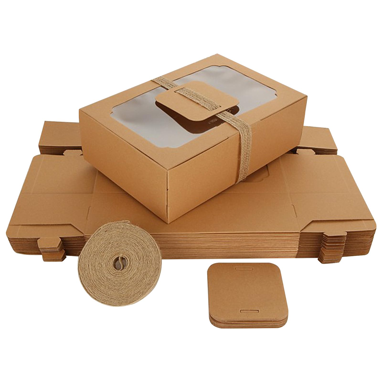 SENENQU 24 Pack Kraft Cookie Boxes with Window, 8.7 x 6 x 2.7 inch Brown Paper Candy Boxes with Rope & Card, Empty Gift Packaging Boxes for Bakery Treat Brownie Wedding Party