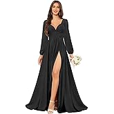 Dansiuey Long Sleeve Bridesmaid Dresses for Women A Line Chiffon Formal Wedding Guest Dress with Slit