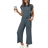 ANRABESS Women 2 Piece Outfits 2026 Summer Lounge Sets Cap Sleeve Tie Waisted Top Wide Leg Pant Airport Vacation Travel Sets