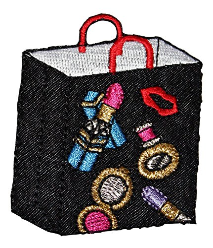 [Single Count] Custom and Unique (2" x 2 1/2" Inches) Mall Shopping Bag Full of Makeup Goodies Iron On Embroidered Applique Patch {Black, Blue, Gold and Red Colors}