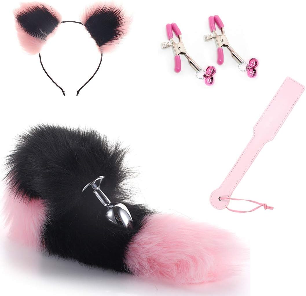 4PCS, Clip + PU Leather Paddle,Party Toys Role Play B-ütt P-l-ǔ-g Fox Tail, Ears Headband (Black-Pink,S)