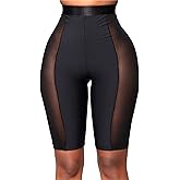 Atyfuniby Womens Sexy High Waisted Mesh See Through Skinny Shorts Leggings Club Streetwear