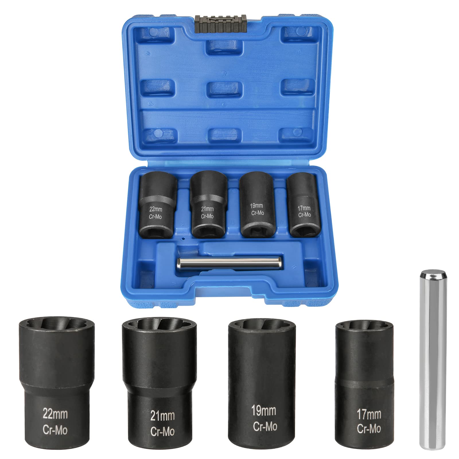 Hakkin 1/2” Drive Lug Nut Remover Socket Tool Bolt Extractor Set for Removing Damaged, Rusted, Rounded-Off Bolts, Nuts 17mm 19mm 21mm 22mm