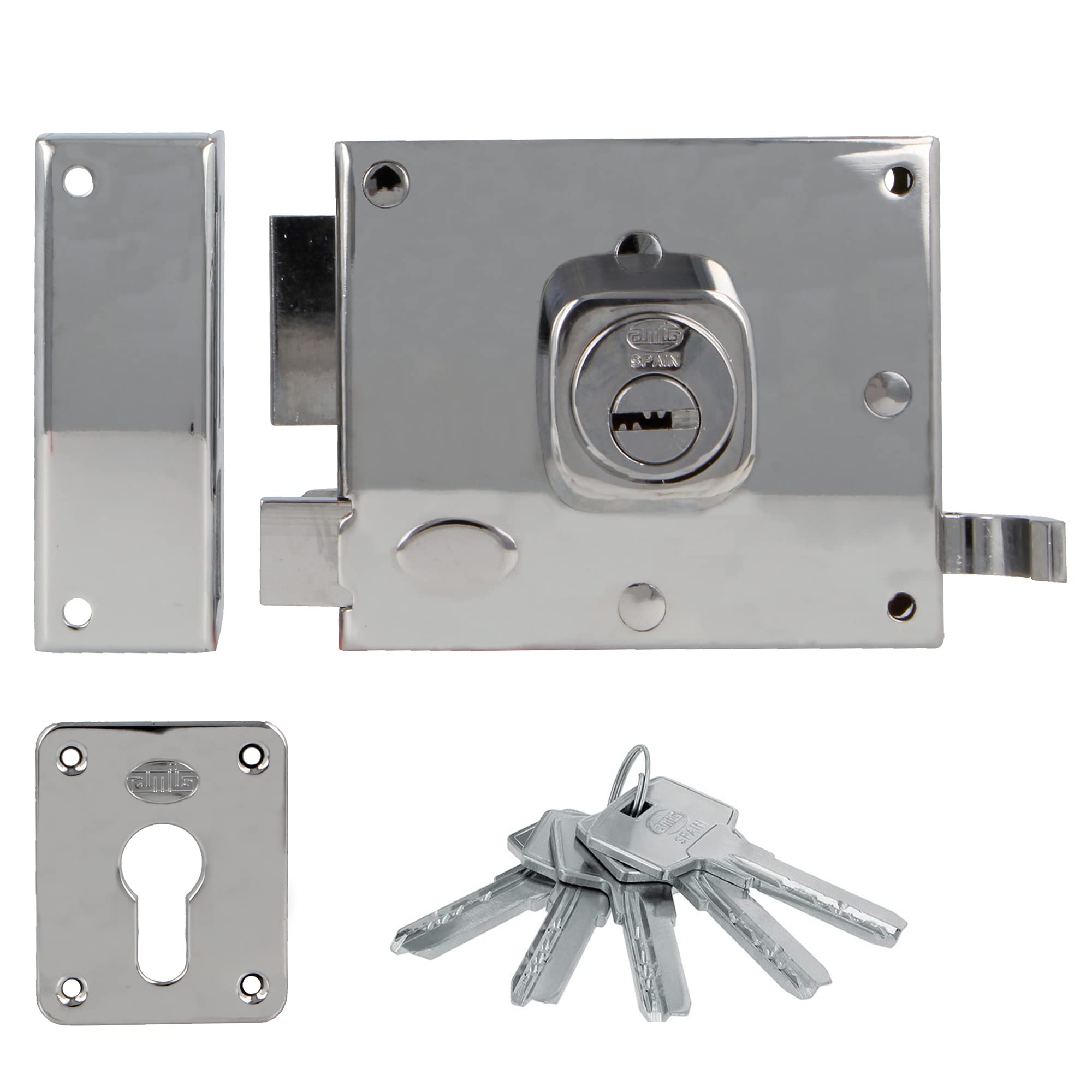 Amig - Left Overlap Lock with Locking Lever, Tab and Handle for Wooden Doors Mod. 73 | 100 x 85 mm | Latch with Europrofile Cylinder | Silver Steel