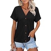 TICTICMISS Womens Summer Tops Short Sleeve Button Down Shirts Casual V Neck T Shirts Trendy Tunic Tops
