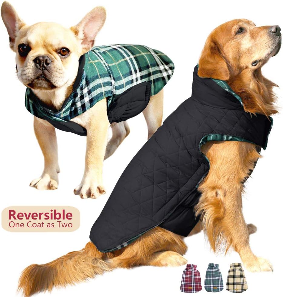 Kuoser Dog Winter Coat With Leash Hook，Reversible Warm Soft Pet Fleece Vest Jacket,Waterproof Windproof Cozy Cold Weather Clothes for Small Medium Large Dog,Plaid Christmas Suit Outwear XS-3XL